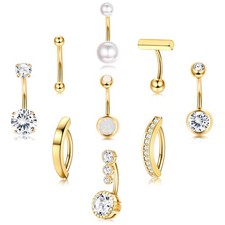 FIASASO 9 Pcs Belly Button Ring - Surgical Stainless 12MM, 14K Gold Plated