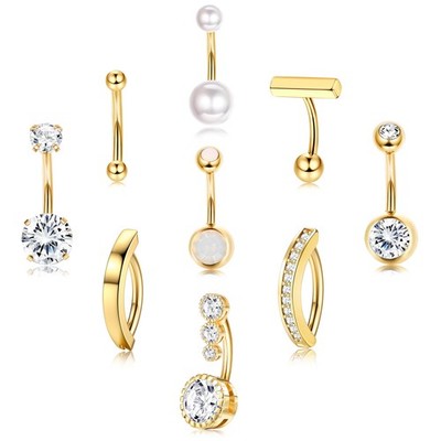 FIASASO 9 Pcs Belly Button Ring - Surgical Stainless 12MM, 14K Gold Plated