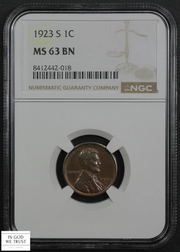 1923 S Lincoln Wheat Copper Cent 1C NGC MS 63 BN (Toned!)