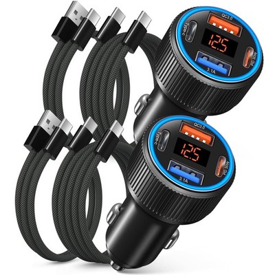 65W 4 Port Super Fast Type C Car Charger USB C for Samsung S25 2-Pack, Black