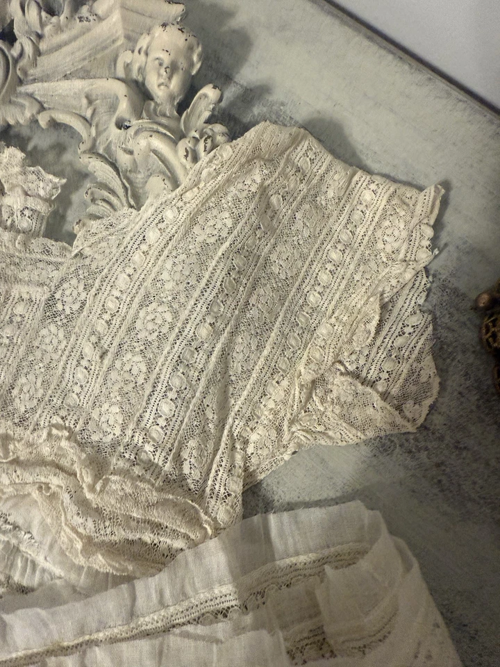 Антикварное эдвардианское кружевное детское взрослое платье из слоновой кости с лифом и подолом фрагмент ручной работы - Изображение 2 из 4