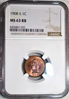 NGC MS-63 RB 1908-S Indian Head Cent, Cartwheeling, Predominantly Red, Key-Date!