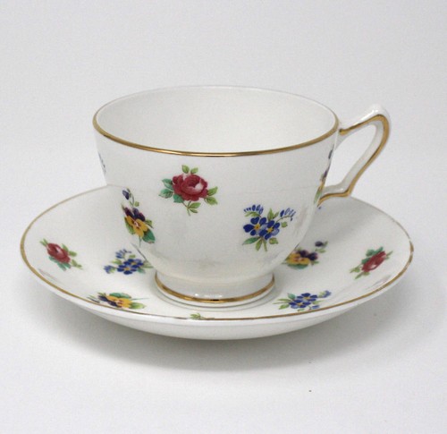Crown Staffordshire Taza de Té Platillo Pie Hueso China Floral Rosa Pensamiento Borde Dorado - Imagen 12 de 12