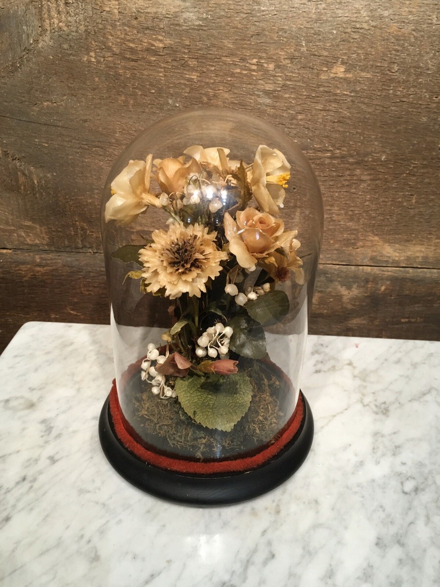 ANTIQUE VICTORIAN WAX FLOWERS UNDER GLASS DOME FINELY DETAILED