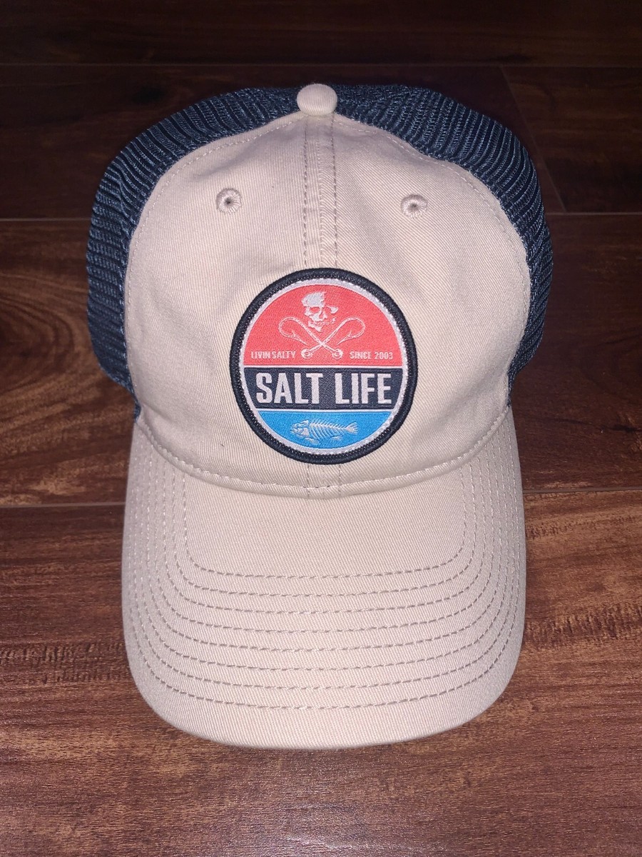 Salt Life Skull Patch Snapback Hat Mesh Trucker Hat Cap Tan Blue Adjustable