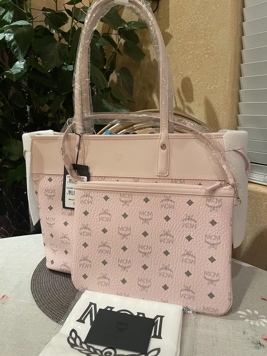NWT MCM LIZ Powder Pink Visetos Purse Tote Shopper W Zip Pouch
