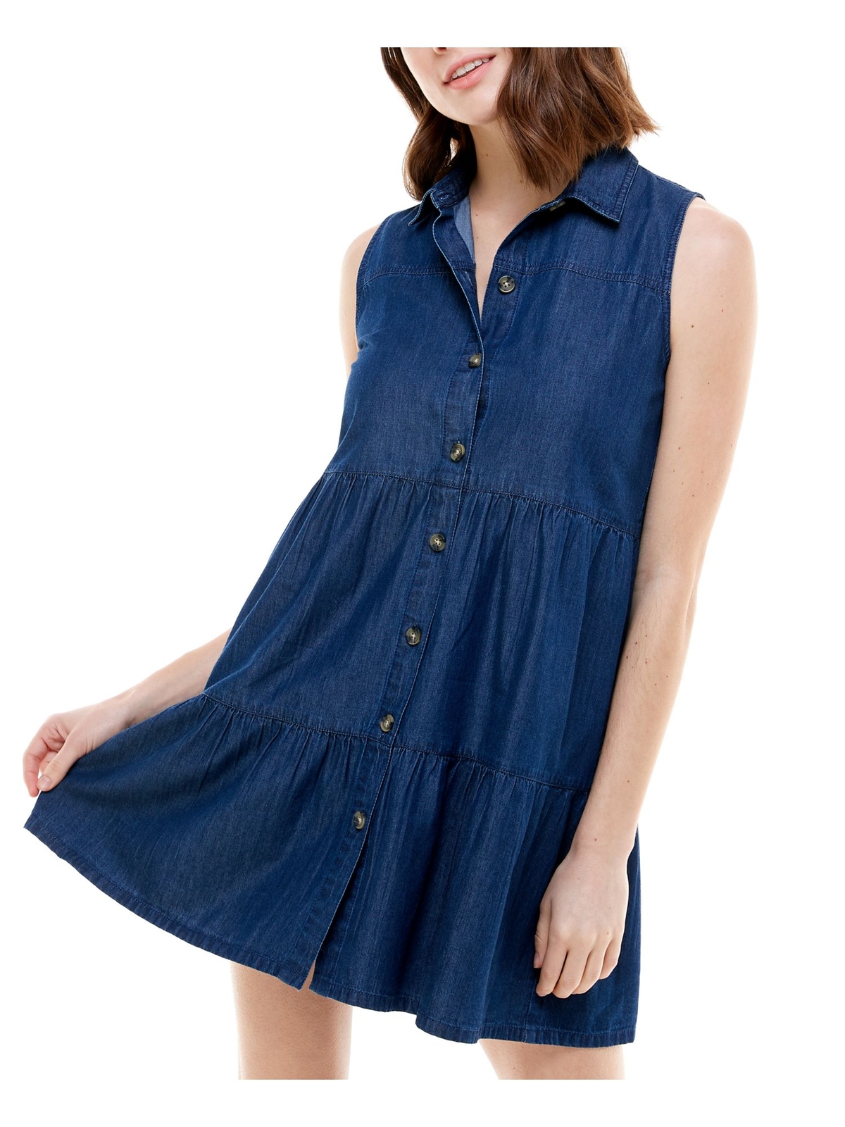 PLANET GOLD Womens Navy Denim Sleeveless Point Collar Short Shift Dress XS