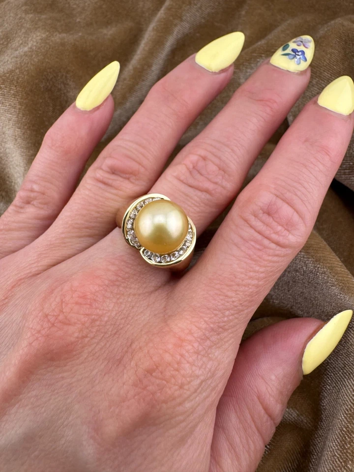 Шикарный винтажный 14K золото 10,9 мм Южных морей золотой жемчуг бриллиант кольцо размер 6,5 - Изображение 4 из 4