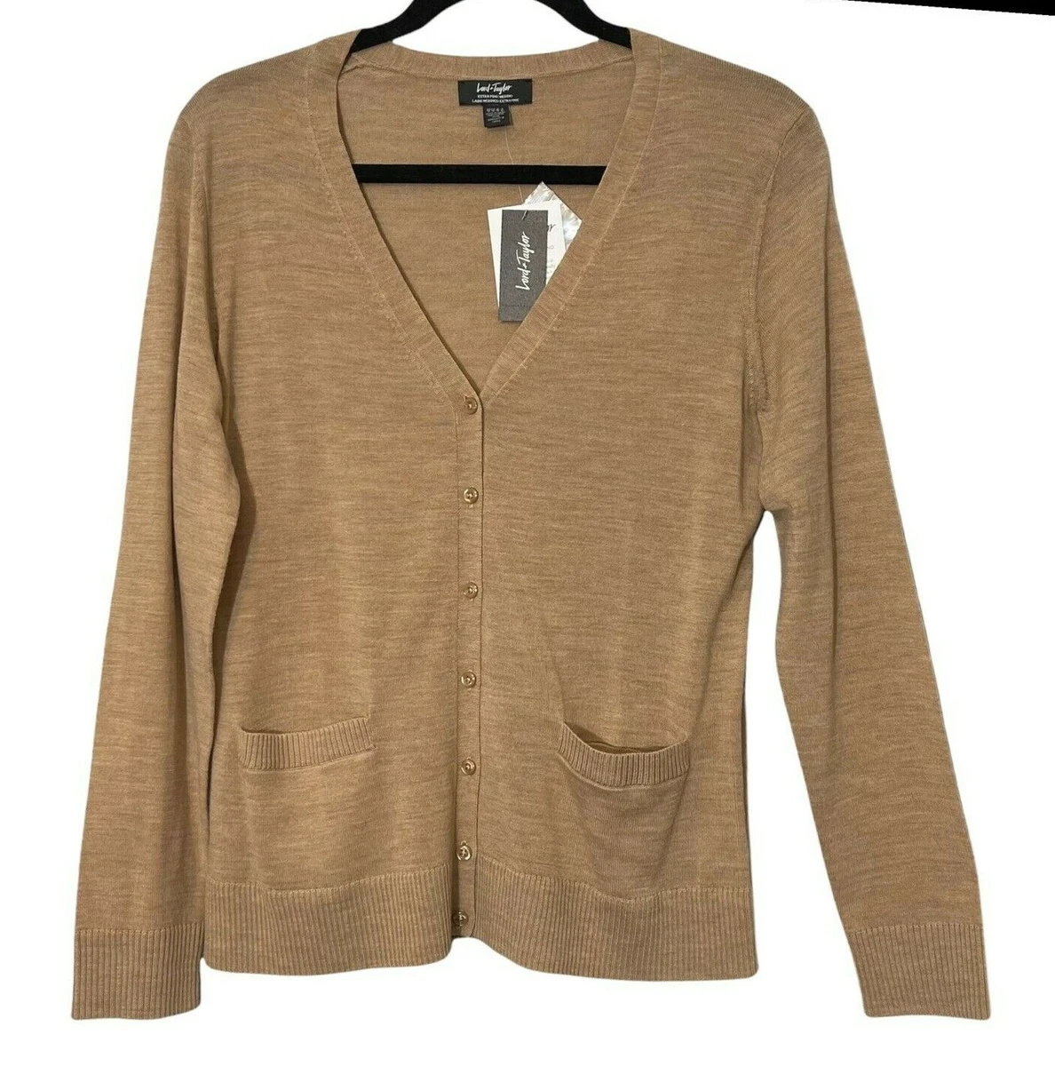 LORD & TAYLOR Cardigan Extra Fine Merino Wool Brown Sweater Top Size M NEW