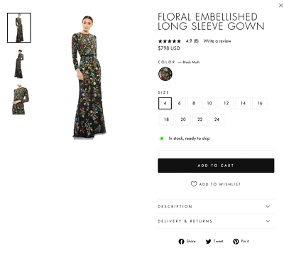 NWT $798 Mac Duggal [ 4 ] Floral Embellished Long Sleeve Gown Black Multi  #J25 | eBay