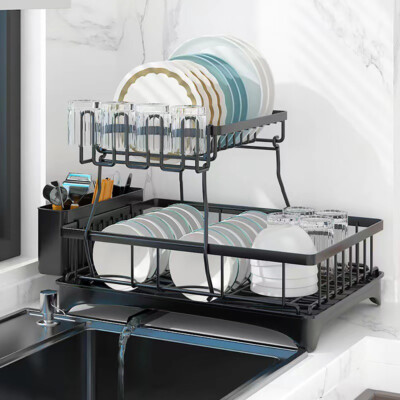 Tier Kitchen Sink Dish Drainer Rack Cutlery Holder Plate Racks With Drip  Tray UK