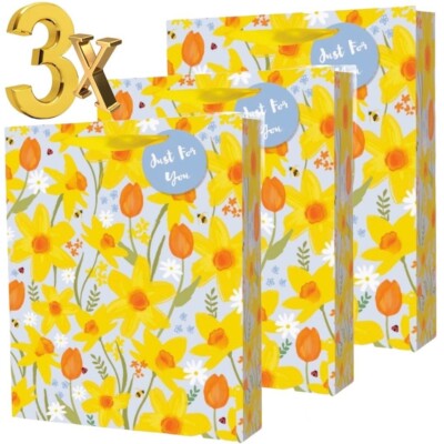3x große Ostern Gänseblümchen Blumen Luxus Geschenktüten Ostern Geschenktüte mit Etikett