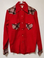 Vintage Destry Ladie's Small Flannel Red Plaid Pearl Snap Western Outdoors EUC