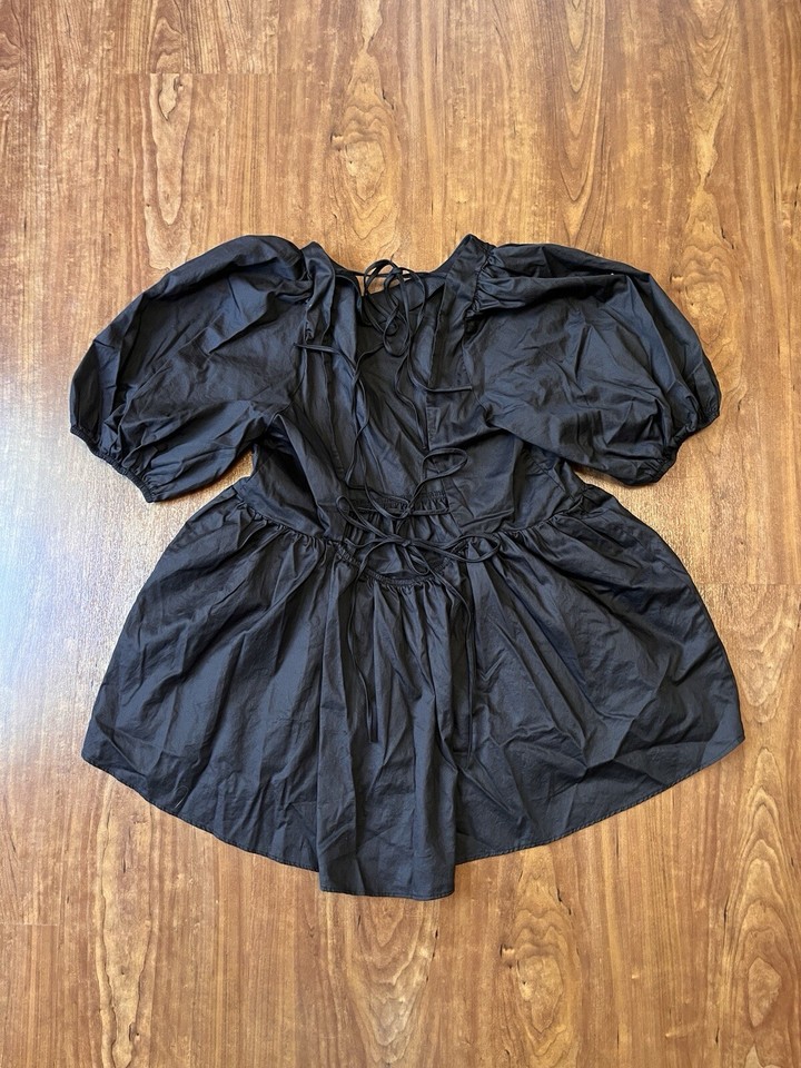 Anthropologie Harshman Black Open Tie Back Blouse Size Small Puff