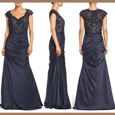 NWT 598 La Femme Embellished Lace  Satin Mermaid Gown Navy Blue SZ 4  G134