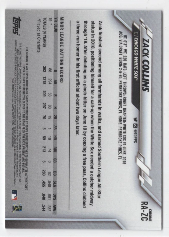 2020 Topps Chrome Rookie Autographs Zack Collins Auto Chicago White Sox #RA-ZC - Image 2 of 2