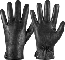 QOF Winter Genuine Leather Gloves for Men, Cashmere Warm Lined Large, Black 