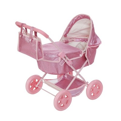Olivia's Little World Baby Doll Bassinet Pram with Cover, Hot Pink Glitter