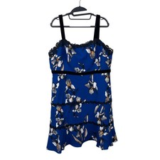 Foxiedox Blue Floral Iris Mini Dress Lace Trim Velvet Detail Women's 14