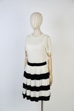 Red Valentino Ivory & Black Striped Knit Pleated Dress Size M Lined