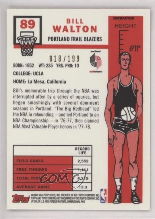 2007 Topps Chrome 1957-58 Variations Orange Refractor /199 Bill Walton #89 HOF - Image 2 of 2