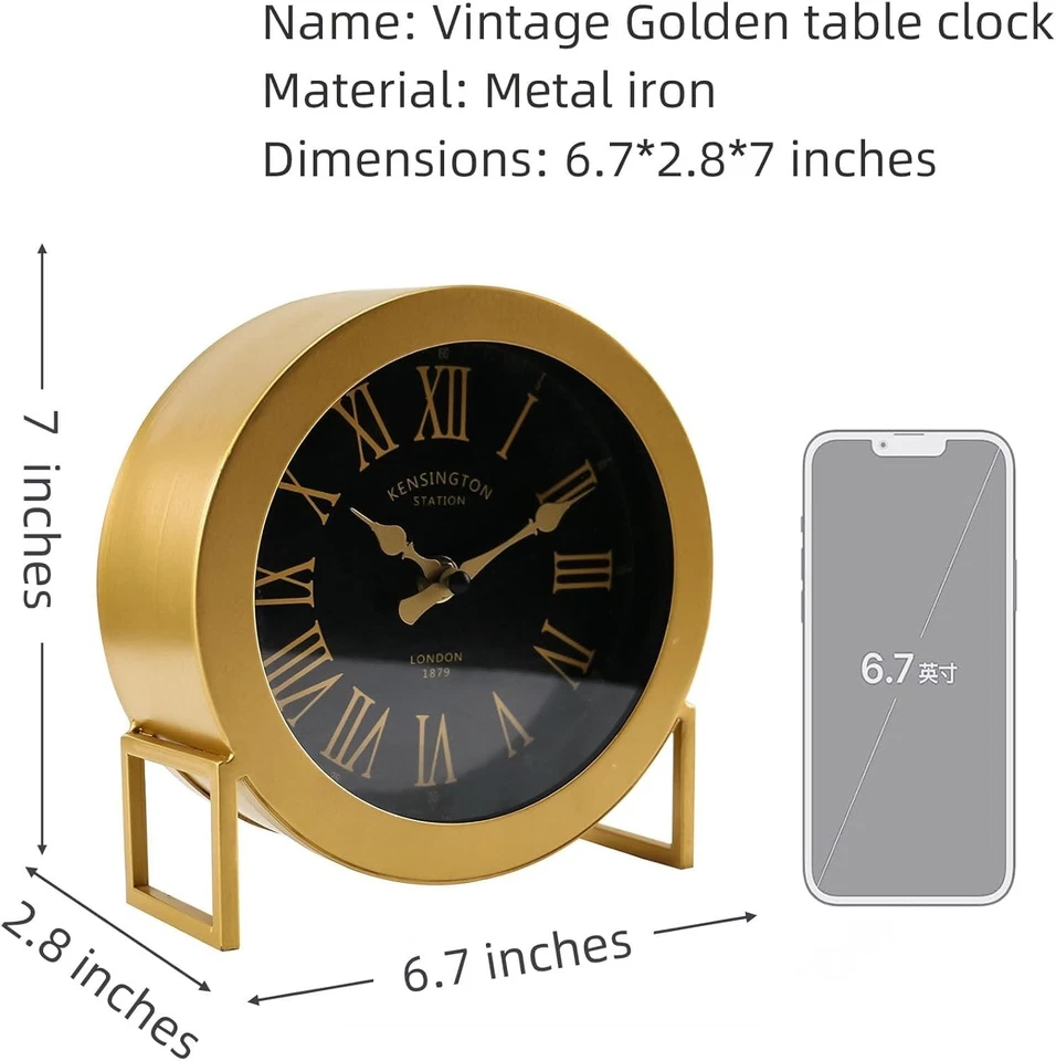 Vintage Desk Clock, Small Gold Table Clock, Silent Non-Ticking Classic Batter... - Image 2 of 4