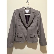 Calvin Klein Womens Black Houndstooth Wool Blend 4-Pocket Blazer Jacket Size 4