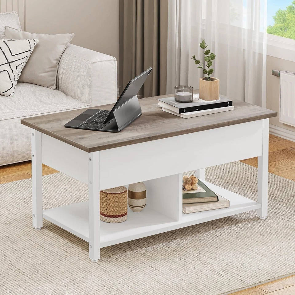 Table Basse Relevable avec Rangement 2 Niveaux Hauteur Réglable Blanc & Gris - Photo 3/4