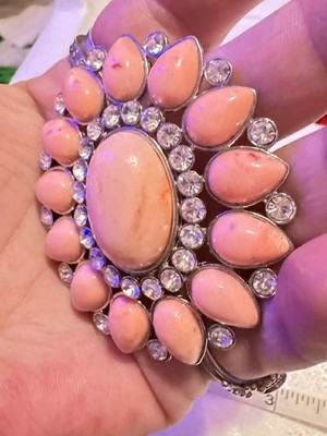 Large Pink Faux Coral  w/  Clear  Accents Sunburst Necklace Statement Pendant