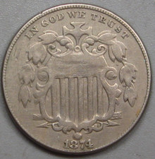 XF 1874 US Shield Five Cent Nickel.  #6 c
