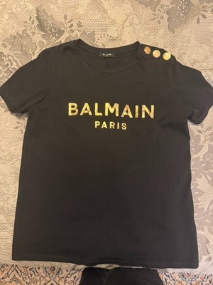 BALMAIN Women's Metallic Gold Logo T-Shirt in Black Size Medium M