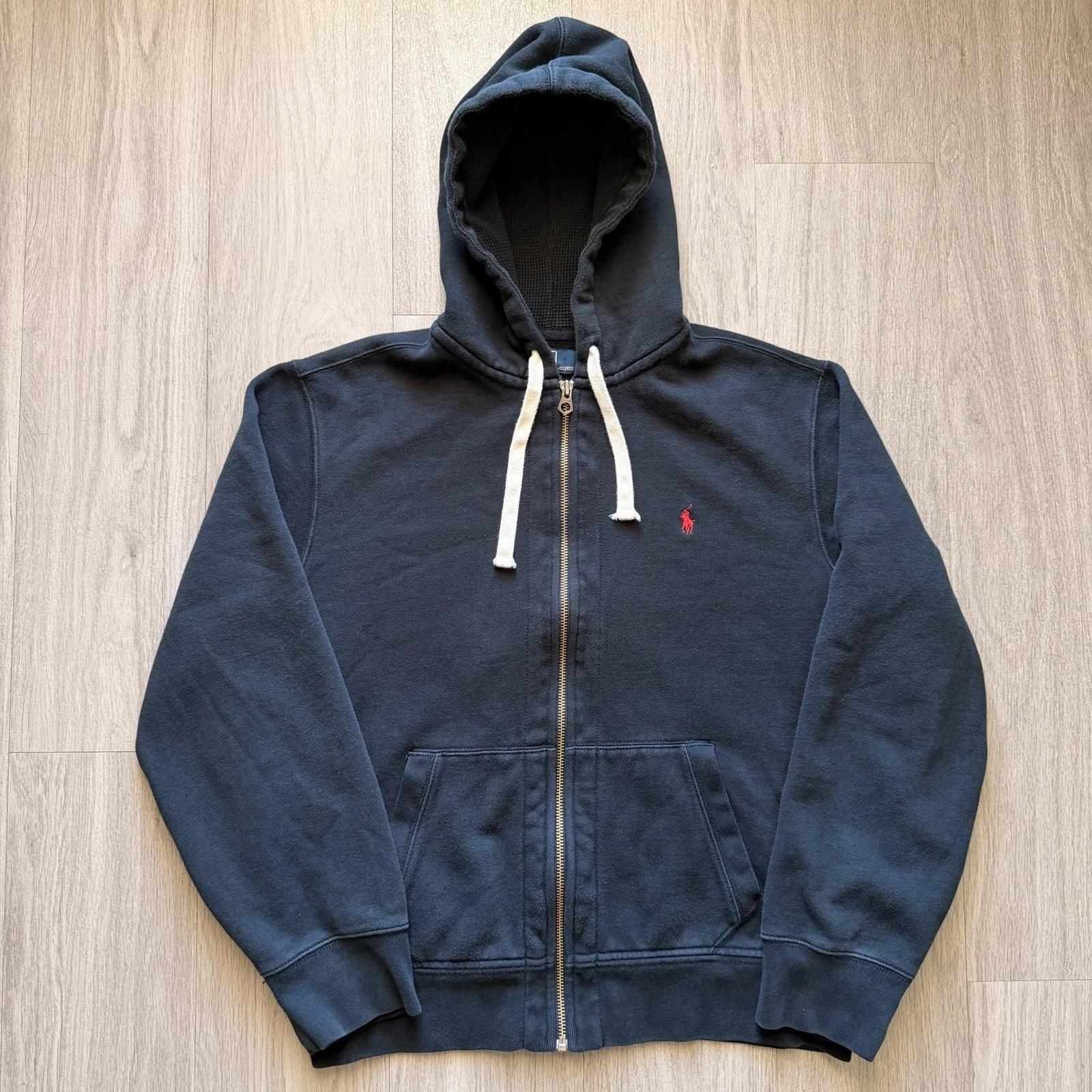 Vtg 90s Polo Ralph Lauren Zip Up Thermal Fleece Hoodie Black, XL