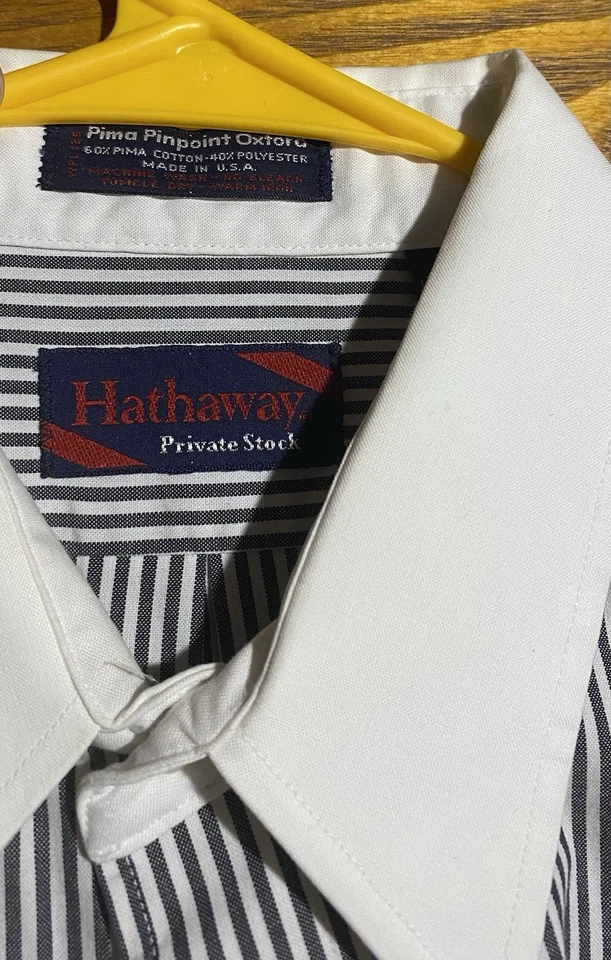Hathaway Vintage Blue Stripe Pima Oxford Shirt L 16.5 33 Button Down Made in USA - Image 3 of 4
