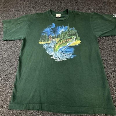 Vtg Alore Shirt Mens XL Green Trout Fishing Graphic Tee Crew Neck Cotton
