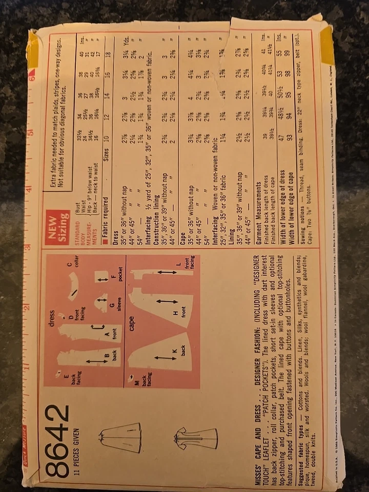 Simplicity Pattern 8642 Designer Fashion Dress & Cape 1960s Uncut Size 14 B36 - Image 2 of 2