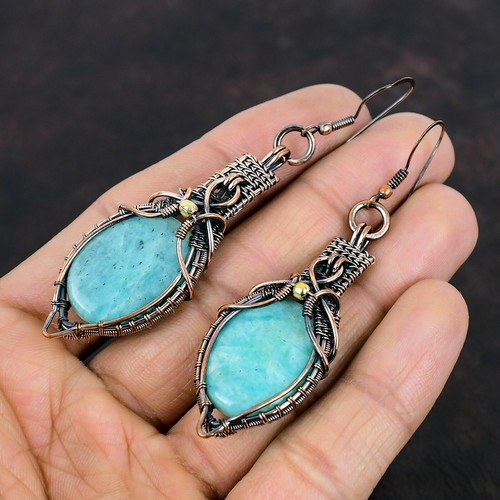 "Pendientes colgantes envueltos en alambre de regalo para joyería de cobre amazonita de 3,35" - Imagen 4 de 7