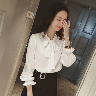 Women Chiffon Shirt Long Sleeves Tops Office Lace Up Blouse