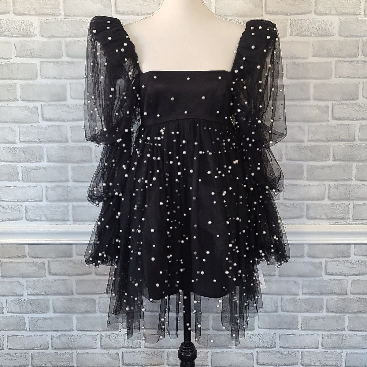 ASOS LUXE Tulle Baby Doll Dress Pearl Embellished Black NEW