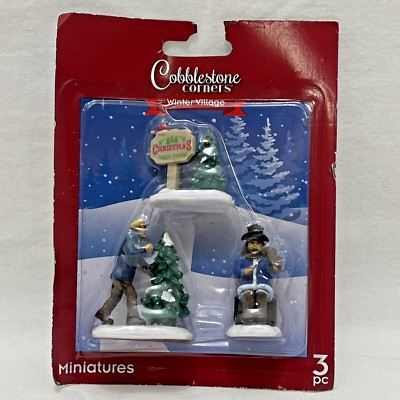 Cobblestone Corners Winter Village Miniatures Christmas Tree Farm 3 pc Set NEW