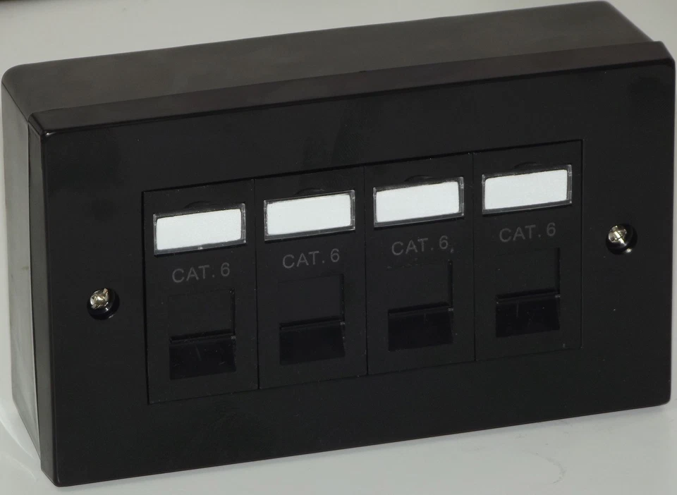 2x BLACK Cat6 RJ45 Quad Face Plate & BACK BOX (4 WAY Ethernet Network Socket) - Image 1 of 1