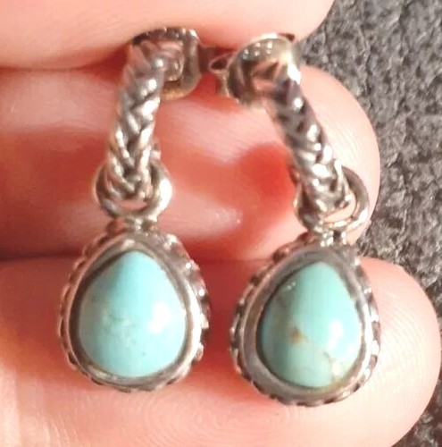 Sterling Silver Turquoise Petite Mini Hoops Turquoise .75" Dangle Earrings 925 - Picture 3 of 12