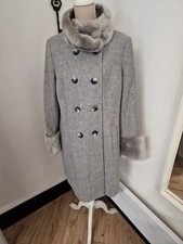 Jacques Vert Wool Effect Grey Faux Fur Cuff & Collar Coat Size 14
