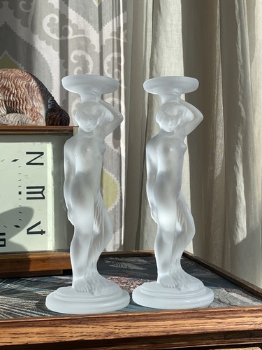 Vintage WALTHER & SOHNE Frosted Glass Art Deco Nude Woman 2pcs Candle Holder 9" - Picture 4 of 13