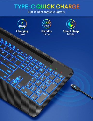 Wireless Keyboard with 7 Colored Backlits, Wrist Rest, Phone Holder, - Picture 7 of 9