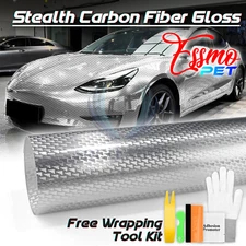 PET Squadron Carbon Fiber Gloss Silver Vehicle Vinyl Wrap Decal Sheet Sticker