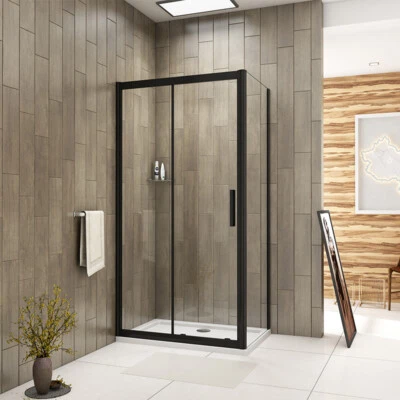 Black Sliding Shower Enclosure 8mm EasyClean Glass Door SidePanel Tray WasteTrap