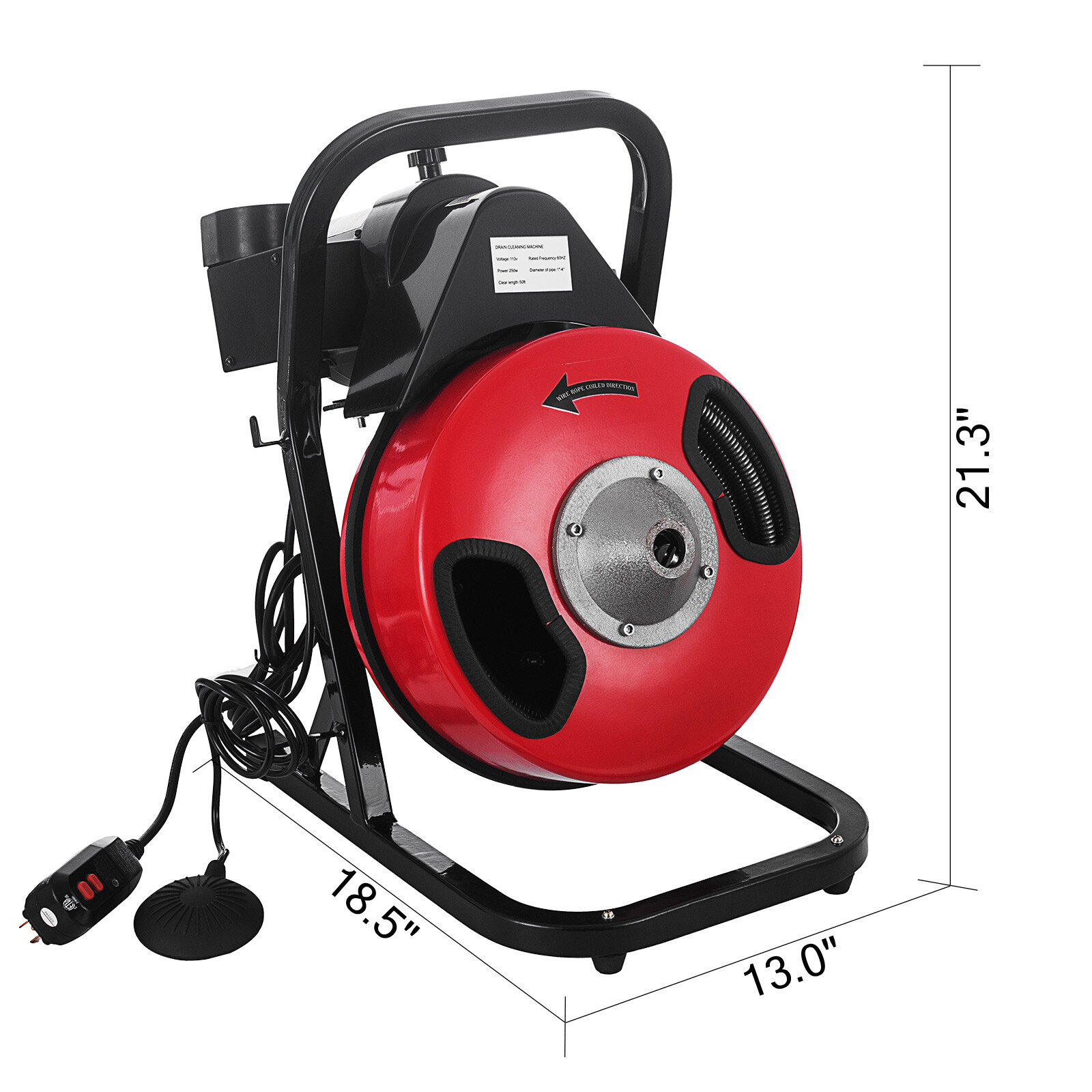 Drain Cleaning Machine 250W Drain Cleaner 50' x 1/2" SolidCore Auger