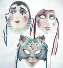 3pc Set Clay Art Vintage Cat Mask Clown Face Heart Tear Wall Hangings Ceramic 