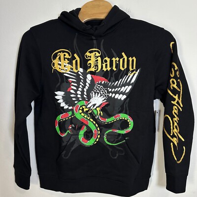 Ed Hardy Pullover Hoodie Mens L Black Eagle Snake Print Long Sleeve Comfort