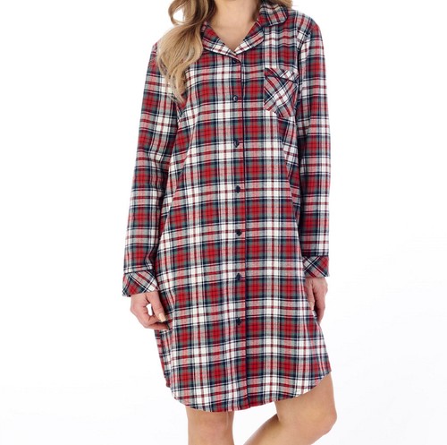 Checked Nightshirt Womens 100% Cotton Slenderella Red Tartan Button Up Nighty - Picture 11 of 12